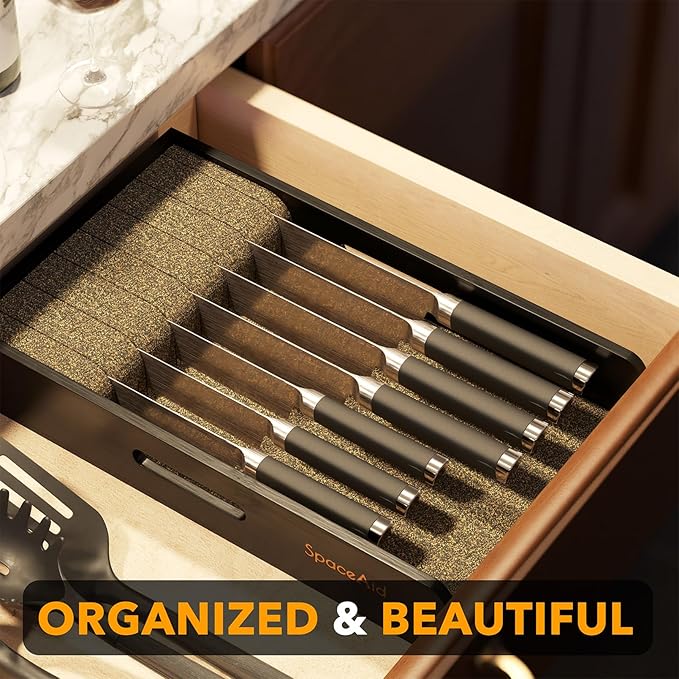 SpaceAid Knife Drawer Organizer 9 inches Wide Bamboo Insert Dock, Kitchen Steak Knives Holder Organizers Block for Drawer in Storage Organization (Medium, Black)