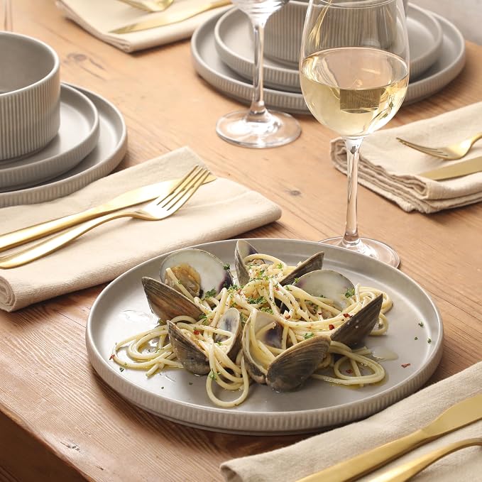 Gibson Elite Avant-Garde 12 Piece Stoneware Dinnerware Set for 4, Chateau Grey Plates and Bowls Set with Reactive Glaze, Includes Dinner Plates, Salad Plates and Bowls