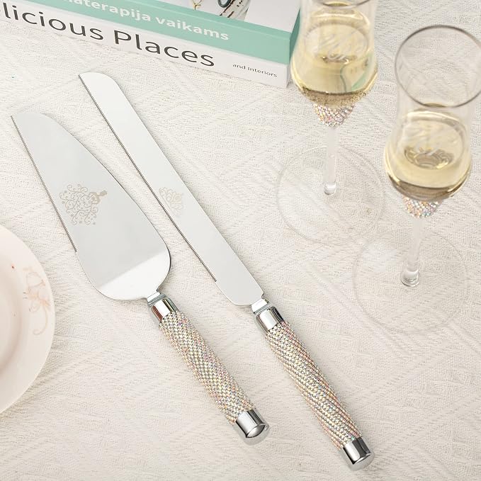 Wedding Cake Knife and Server Set, Mr and Mrs Champagne Flutes Glasses for Bride and Groom Decorated with Colorful Rhinestones, Wedding Gifts for Newly Engaged Couple (Silver)