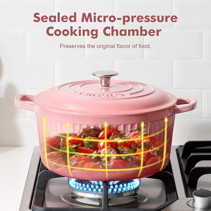 SENSARTE Enameled Cast Iron Dutch Oven Pot with Lid 3.5/5.5/6.5 Quart Heavy-Duty Round Dual Handles Kitchen Pot with Cotton Potholders & Silicone Trivet, Pot for Bread Baking, Stews, Braising, Roasting, Oven Safe, 5.5 Quart, Pink
