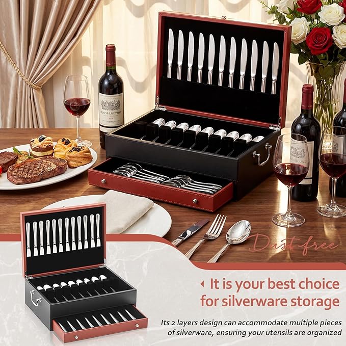 DoubleFill 2 Layer Leather Silverware Storage Box with Lid and Handles, Anti Tarnish Silverware Storage Chest Case with Felt-lined for 12-16 or More Sets of Utensils Flatware Gifts, 15.3x11.2x5.7 Inch