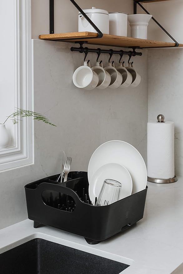 Umbra Tub Dish Drying Rack – Lightweight Self-Draining Dish Rack for Kitchen Sink and Counter at Home, RV or Motorhome, Smoke, Black (330590-582)