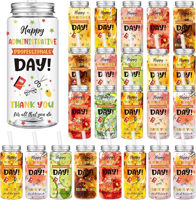 Skylety 24 Pcs Administrative Professional Day Appreciation Gifts 14 oz Plastic Cup with Lids and Straw Admin Assistant Gifts for Office Secretary Employee Coworker Retirement