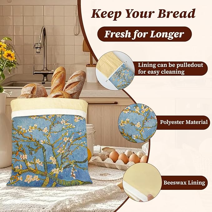 Bread Bags for Homemade Bread, Blossoming Almond Tree Van Gogh 2 Pack Linen and Beeswax Sourdough Storage Bags, Reusable Keeper, Keeps Breads Fresh Longer, Gifts for Bakers