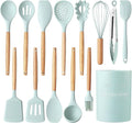 Country Kitchen Non Stick Silicone Utensil Set with Rounded Wood Handles for Cooking and Baking, 14 Piece Set, Mint