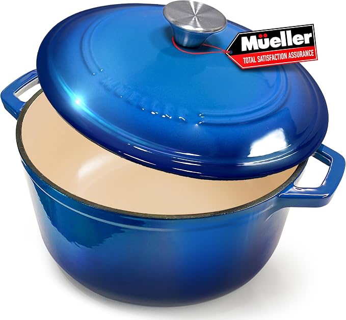 MUELLER HOME 4.5 QT Enameled Cast Iron Dutch Oven, Heavy-Duty Casserole Dish and Braiser Pan with Lid and Stainless Knob, Oven-Safe up to 500° F & Across All Cooktops, Aqua Blue
