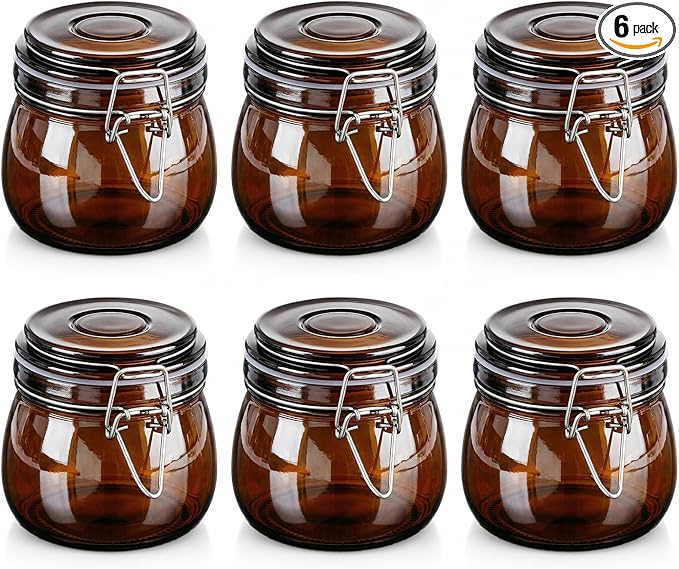 Norme 6 Pack 16oz Amber Airtight Glass Jars with Lids, Round Food Storage Container Airtight Food Wire Clip Fastening for Sauerkraut Flour Kitchen Sugar Cereal Kitchen Canning Pickling Mason Jars