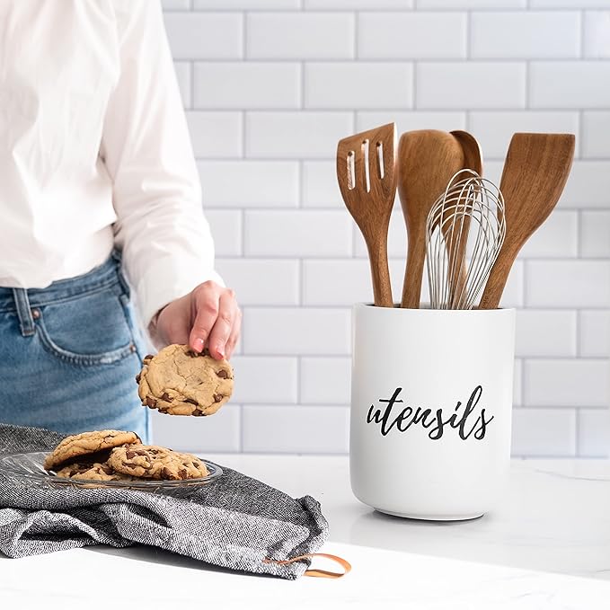 STYLED SETTINGS White Utensil Holder for Countertop - Rustic Farmhouse Organizer for Extra Large Utensils - Heavy and Durable Utensil Holder for Modern Farmhouse Decor and Kitchen Accessories