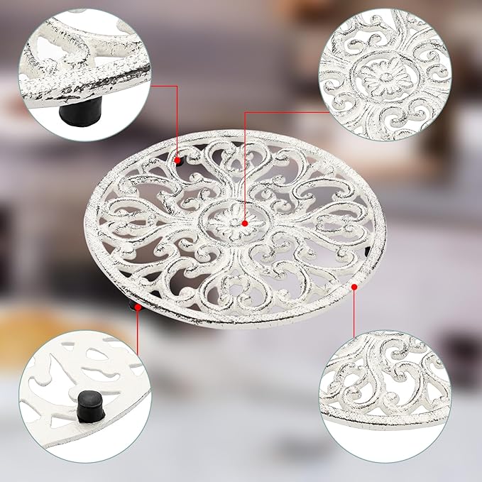 Sumnacon 2Pcs Round Cast Iron Trivets - 6.7 Inch Heat Resistant Iron Trivets for Hot Dish Pot Pan Plate Teapot, Rustic Cast Iron Hot Dish Plate Holder for Kitchen Dining Table Countertop Cooktop,White