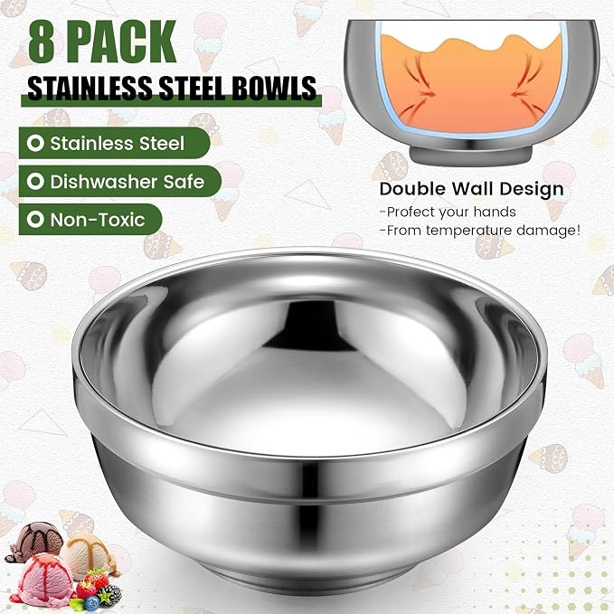 Funnymoom 8 Pack 34 oz Stainless Steel Bowls Double Walled Insulated Soup Ice Cream Metal Mixing Nesting Bowls for Serving Soup Rice Cereal