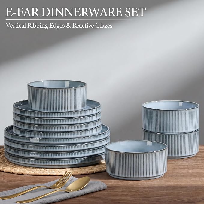 E-far Stoneware Dinnerware Sets for 2, 6-Piece Plates and Bowls Sets, Chip & Scratch Resistant Ribbed Dish Set for Home Restaurant, Microwave & Dishwasher Safe, Dusty Blue