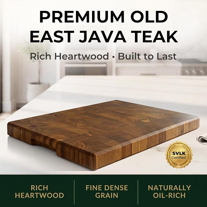 SHUMARU Old East Java Teak End Grain Cutting Board 18.1×12.2×1.6" Thick – Premium Heartwood Butcher Block, Knife-Friendly, Maximum Cutting Surface, Non-Slip Feet & Side Handles