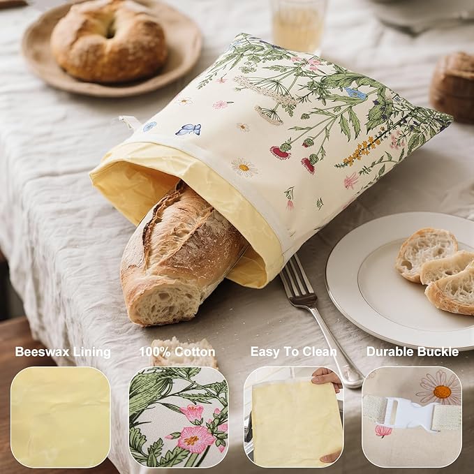 Reusable Beeswax Bread Bags for Homemade Bread & Sourdough, 2-Pack XL Airtight Food Storage Bags, Organic Cotton Linen Covers - Freezer-Friendly Freshness Preservation Keeps Fresh Longer