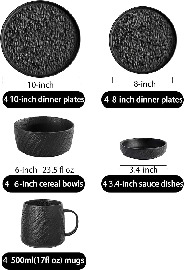 Ceramic Dinnerware set with Mugs for 4, 20 pcs, Dish set for 4 | Porcelain Plates and Bowls Cup Set for Kitchen, Black Dishware Sets Stoneware Dinner Plates Sets Platos de Cocina Vajilla