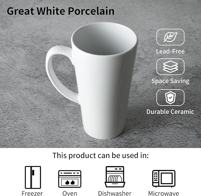 BYCNZB 16oz White Funnel Ceramic Tall Coffee Mugs for Coffee, Tea, Cocoa, Latte, Milk set of 4