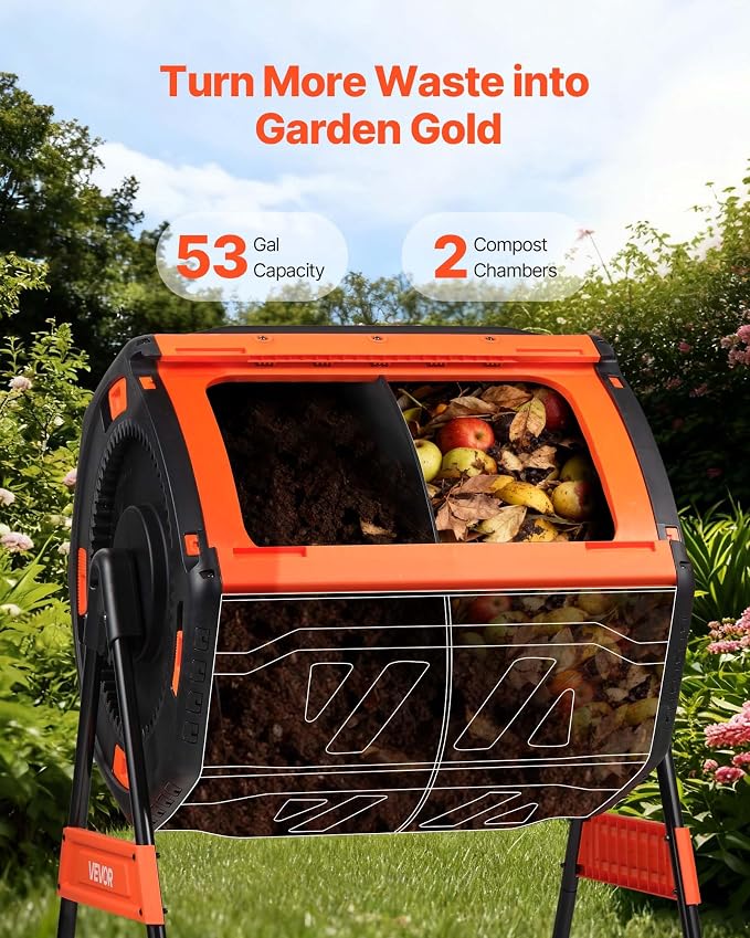 VEVOR Compost Tumbler, 53 Gallon Dual Chamber Outdoor Tumbling Composter with 2 Sliding Doors and Aeration System, Large Easy-Turn Rotating Composting Bin for Outside, Garden, Kitchen, and Yard Waste