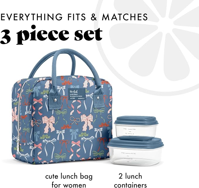Fit & Fresh Bloomington Lunch Bag for Women - Insulated Large Lunch Box for Work with Containers, Leak-Resistant, Stain-Resistant, Zipper Closure, Denim Bows