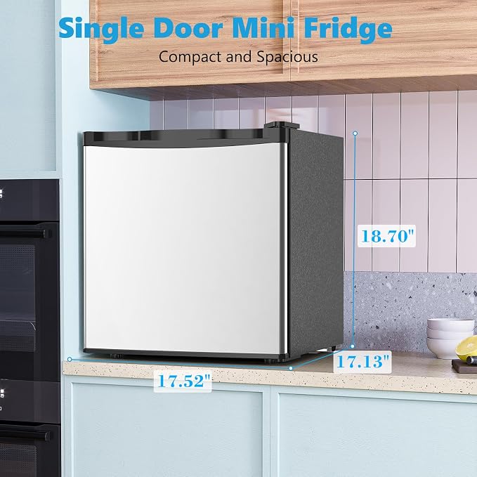 Electactic 1.7 Cu.ft Mini Fridge with Freezer, Compact Refrigerator, Single Reversible Door, Ultra Quiet, Energy Efficient for Office, Dorm, Bedroom, Apartment, Silver