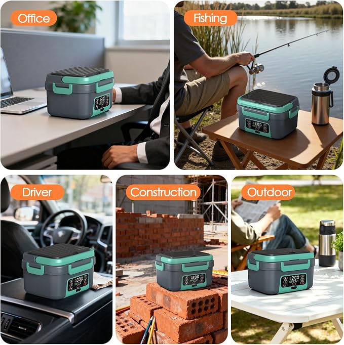 Cordless Electric Lunch Box, Odopok 6.3 Cup 100W Heated Lunch Box with 20000mAH Battery Powered for Self Heating, Including Fork Spoon and Insulated Bag for Men Women Adults, BPA Free(Grey+Lake Green)