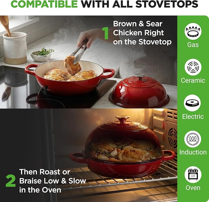 NutriChef 10.2" Enameled Cast Iron Bread Oven, Dome-Shaped Sourdough Baking Pan with Handles & Silicone Gloves, Oven-Safe to 500°F, Dishwasher Safe Dutch Oven Bread Pan (Red)