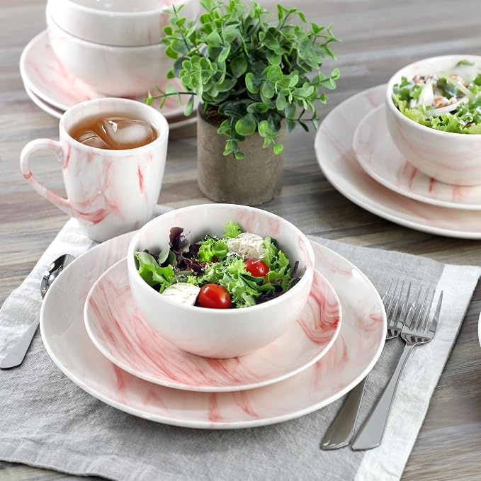 Elama Fine Marble 16 Piece Porcelain Dinnerware Set, Tableware Set, Everyday Dining, Service for 4 (Red)