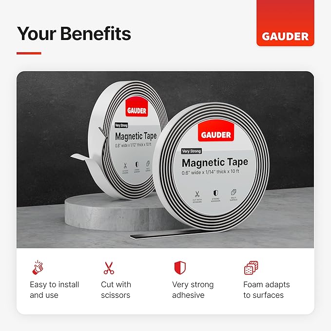 GAUDER Self-Adhesive Magnetic Tape Strong - Foam Adhesive Magnetic Strips for Uneven Surfaces - High Strength Magnet Roll with Enhanced Adhesion and Optimized Force (10 ft x 0.6 in)