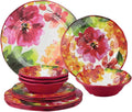 UPware 12 Piece Pink Floral Melamine Dinnerware Sets, Outdoor Dishes Set, Plates and Bowls Sets, Service for 4, Multicolor