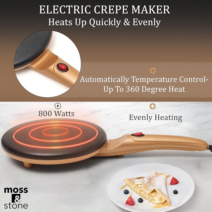 Moss & Stone Gold Electric Crepe Maker 8 Inch, Portable Crepe Maker & Hot Plate Cooktop On/Off Switch, Nonstick Coating, Automatic Temperature Control, Easy To Use For Pancakes, Blintz
