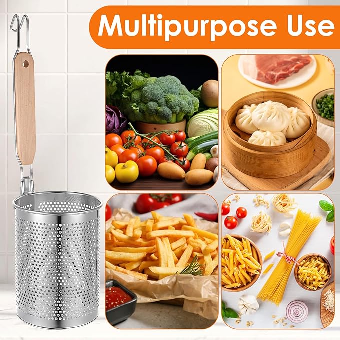 4pcs Pasta Strainer 15'' × 5.5'' Stainless Steel Pasta Basket Mesh Cooker with Wood Handle Kitchen Mesh Spider Noodle Strainer Skimmer for Boiling Food Dumpling Noodle Blanching Basket