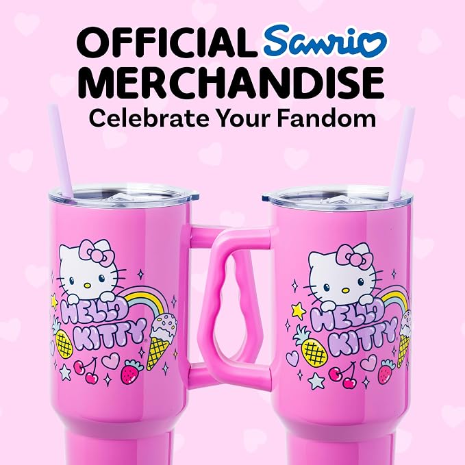 Silver Buffalo Sanrio Hello Kitty Summer Double Walled Stainless Steel Tumbler with Handle, Fits in Standard Cup Holder, 40 Ounces