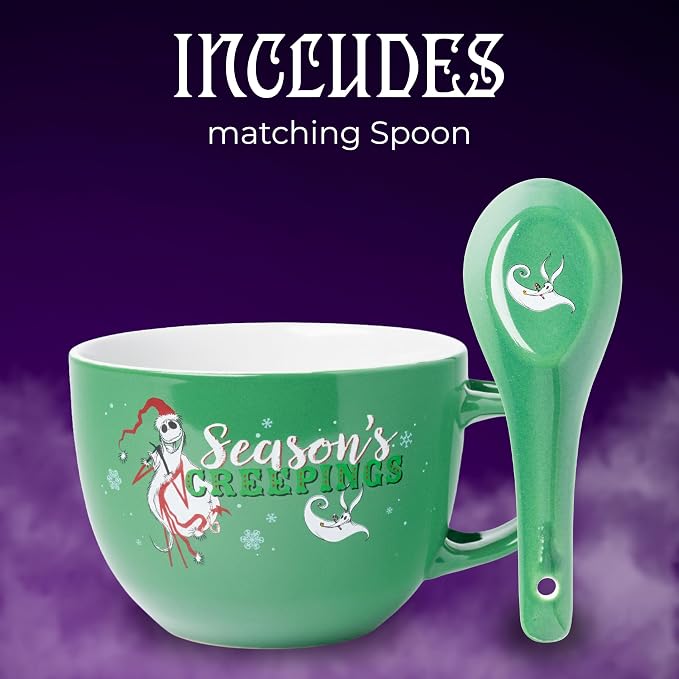 Silver Buffalo Disney Tim Burton's Nightmare Before Christmas Holiday Season's Creepings Jack Skellington Ceramic Soup Mug with Spoon Set, 24 Ounces