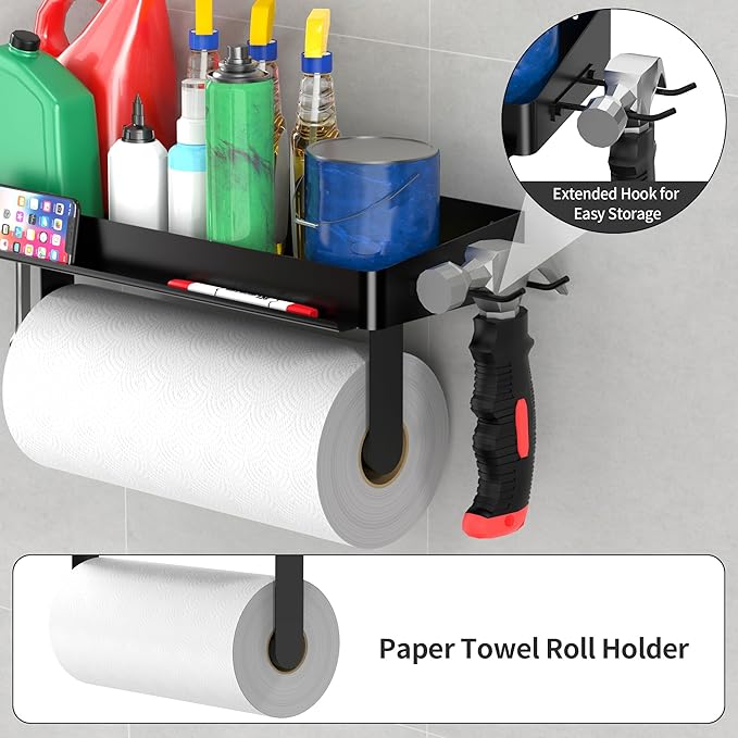 YIGII Wall Mount Paper Towel Holder with Phone Stand, Garage Papertowel Holder with Shelf and 4 Extended Hooks, Heavy Duty Stainless Steel Paper Towel Rack for Garage & Tool Room, Black