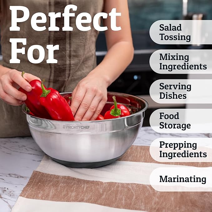 Priority Chef 6pc Stainless Steel Mixing Bowls with Lids Set, 7 Qt, Grey | 6pc Non-slip nesting bowls 1-7 qt, 3 graters & interior measurement marks; for meal prep, baking & airtight fridge storage