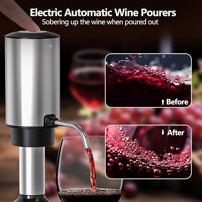 Electric Wine Decanter, Rechargeable Automatic Wine Aerator Wine Dispenser with Foil Cutter, Wine Stopper, Type-C Charging One Touch Wine Pourer for Home Party Wedding, Stainless Steel