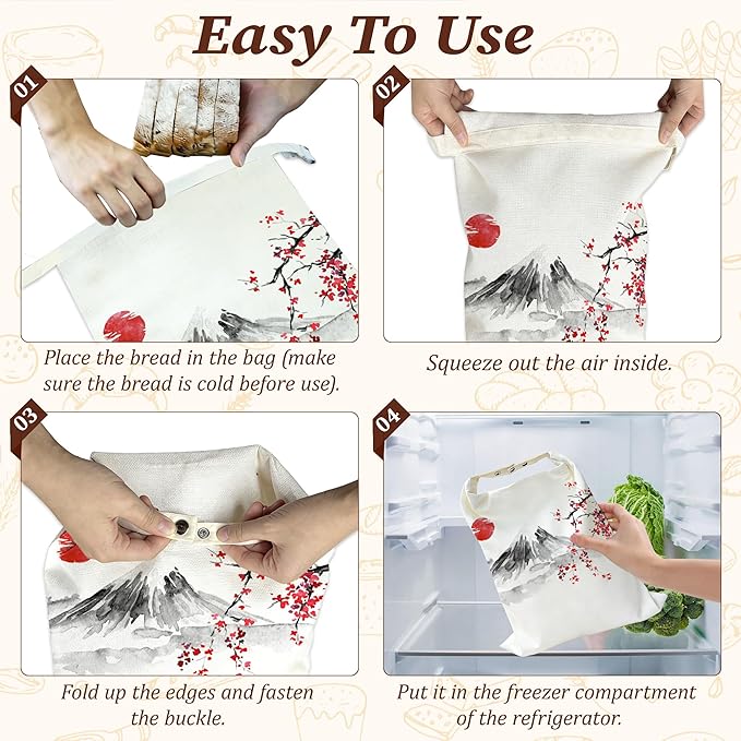 Bread Bags for Homemade Bread, Japanese Cherry Blossom Sun Fuji Mount-2 Pack Linen and Beeswax Sourdough Storage Bags, Reusable Keeper, Keeps Breads Fresh Longer, Gifts for Bakers