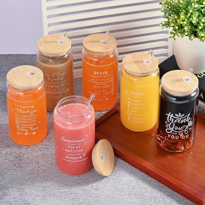 12 Pcs Employee Inspiration Glass Cups Set, OLSUNOR Personalized Inspirational Thank You Gifts for Staff Coworker 16 oz Can Shaped Beer Glass Cups, Gift Box and Card for Team Women Men Teacher Friends