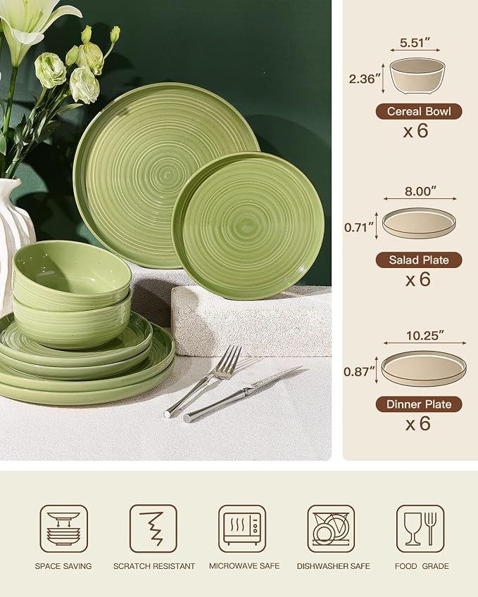 18-Piece Stoneware Dinnerware Sets for 6 - Farmhouse Coupe Plates and Bowls with Speckles & Spirals - Chip & Scratch Resistant, Microwave & Dishwasher Safe - Gift Box, Olive Green