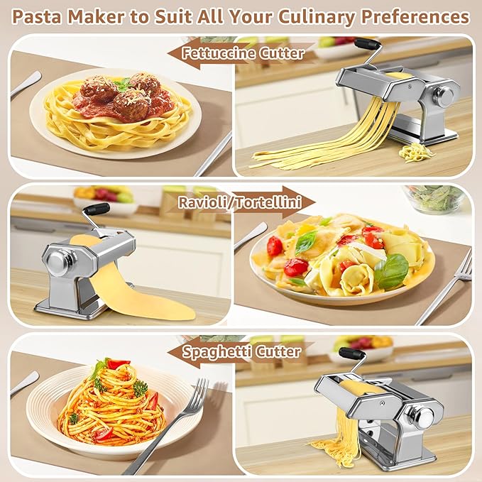 Pasta Maker - 7 Thickness Settings Pasta Roller & 2-in-1 Cutter, Stainless Steel Pasta Machine for Spaghetti, Fettuccine, Ravioli, Lasagna - Includes Hand Crank & Table Clamp