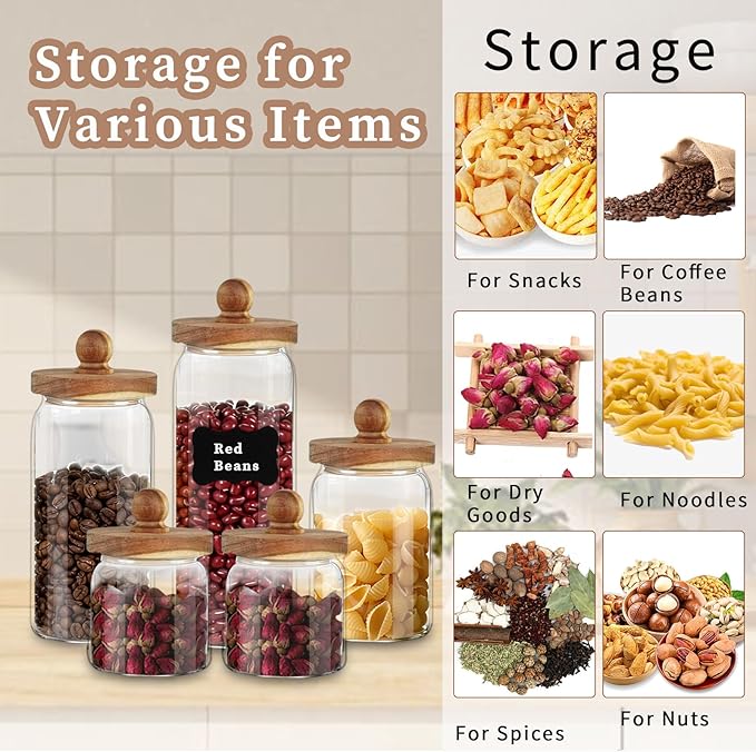 5 Pcs Glass Storage Jars with Wooden lid Clear Spice Food Storage Containers with Label and Pen Candy Airtight Canisters for Kitchen Beans Cookie (4 Sizes)