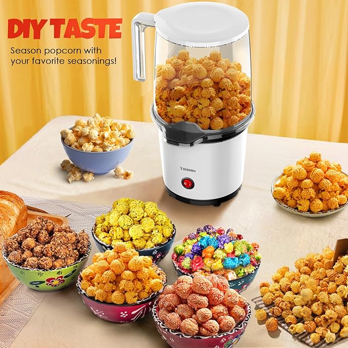 Vminno Quick & Easy Hot Air Popcorn Popper Maker with Built-In Serving Bowl, 2 Quarts, Etl Certified, No Oil Popcorn Poppers for Home with On/Off Switch for Family Movie Nights, Parties