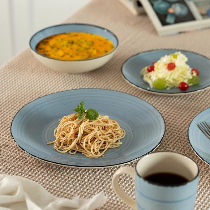 16 PC Spin Wash Dinnerware Dish Set for 4 Person | Mugs, Salad and Dinner Plates and Bowls Sets, Stylish Dishes with Highly Chip and Crack Resistant, Dishwasher and Microwave Safe, Blue. QI004502.BL