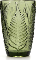 Vintage Green Drinking Glass, 12 oz Hand-Pressed Deep Textured Glass Cup, Fern Embossed Retro Glassware, Decorative Tumbler for Water, Cocktails & Juice, Boho Colored Kitchen Drinkware, Unique Gift