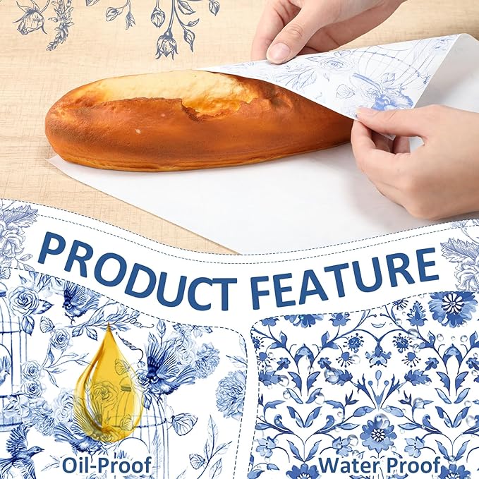 Affrolling 600 Pcs Wax Paper Sheets for Food Blue Floral Chinoiserie Bird Deli Paper Vintage Sandwich Burger Parchment Wrapper Food Basket Liner Wax Sheets for Picnic Party Supplies Kitchen, 6 Styles