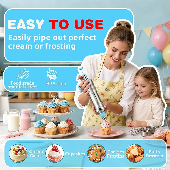 167 Pcs Cake Decorating Kit, Dessert Piping Syringe And Icing Tips Set, Icing Dispenser Tool, Cupcake Decorating Piping Kit for Beginners, Baking Enthusiasts And Professionals (Light Blue)