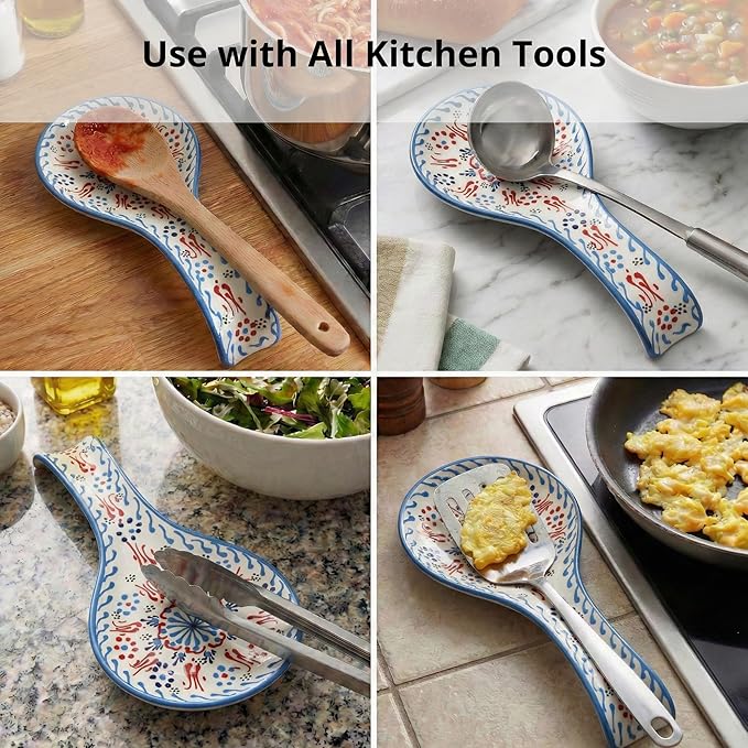 BCS Ceramic Spoon Rest, Large 9” Hand Painted Spoon Holder for Stove Top & Kitchen Counter, Dishwasher Safe & Heat Resistant Utensil Holder, Floral Kitchen Decor, Handmade Pottery