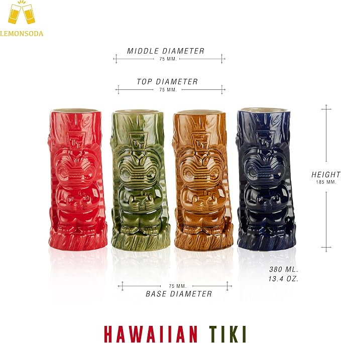 LEMONSODA Ceramic Hawaiian Tiki Glasses (Ceramic, Set of 4)