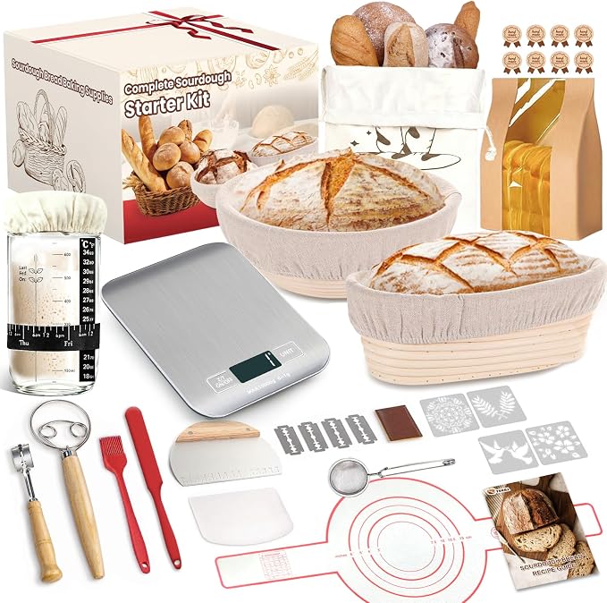 Sourdough Starter Kit with Scale, Glass Jar and Banneton Bread Proofing Basket - Complete Sourdough Bread Baking Supplies, Sour Dough Making Essentials Tools, Gift for Bakers Beiginner Women Wife Mom