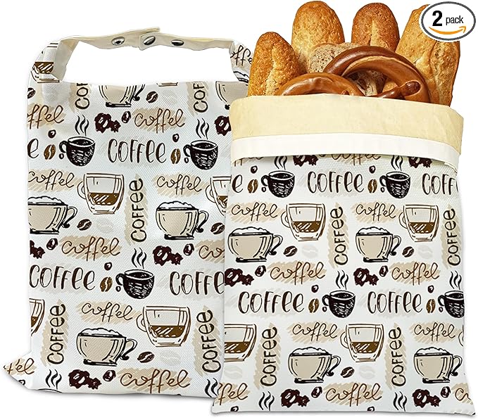 Bread Bags for Homemade Bread, Coffee Time 2 Pack Linen and Beeswax Sourdough Storage Bags, Reusable Keeper, Keeps Breads Fresh Longer, Gifts for Bakers