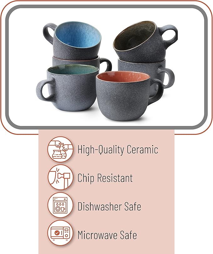 BTaT- Porcelain Coffee Mugs Set, 14 oz (415 ml), 6 Pack, Ceramic Coffee Mugs, Matte Black Outside and Colorful Inside, Restaurant Cups for Tea, Cappuccino, Cocoa, Cereal, Mug Gift Set, Dishwasher Safe