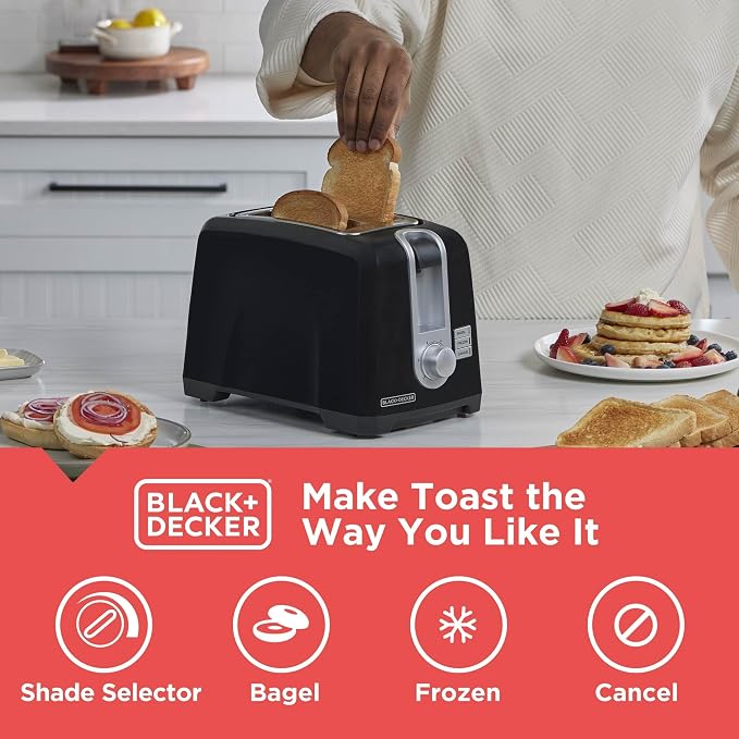 BLACK+DECKER 2-Slice Toaster, Extra Wide Slots for Bagels & Thick Bread, 6 Browning Settings, Removable Crumb Tray, Cancel Button, 850W, Black (Pack of 2)